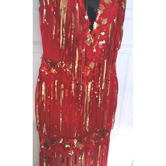 Banjul Sequin Mesh Maxi Dress Gown Small Red Gold Christmas Party Sparkly - Picture 6 of 11
